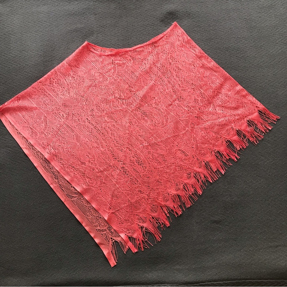 Vintage Coral Pink Lace Fringed Poncho Shawl Scarf Unique - Picture 1 of 5